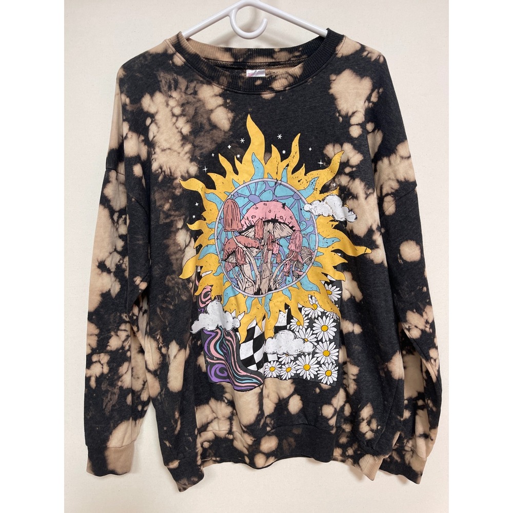 No Boundaries Acid Wash Mushroom Sun Graphic Sweatshirt Black Tan Large 11-13